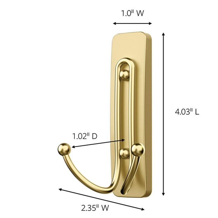 Command Large Wall Hooks, Damage Free Hanging Wall Hooks with Adhesive Strips, No Tools Double Wall Hooks for Hanging Decorations in Living Spaces, 2 Satin Brass Plastic Hooks and 2 Command Strips