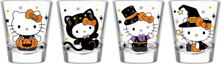 Silver Buffalo Sanrio Hello Kitty Glitter Halloween Themed Poses 4 pack Mini Glass Set, 1.5 Ounces