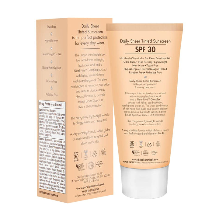 Babo Botanicals Daily Sheer Mineral Tinted Sunscreen SPF30 - Natural Zinc Oxide & Titanium Dioxide - Tinted - Healthy Glow - Fragrance-Free -Rosehip Oil & Hyaluronic Acid - For Face - For all ages