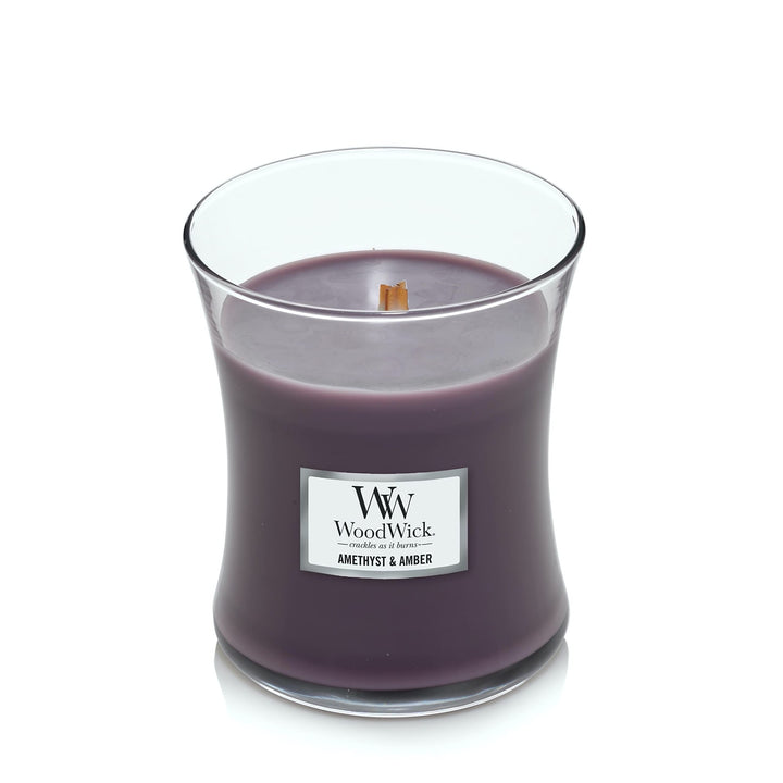 WoodWick Medium Hourglass Candle, Amethyst/Amber - Premium Soy Blend Wax, Pluswick Innovation Wood Wick, Made in USA