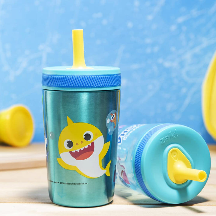 Zak Designs Baby Shark Kelso Tumbler Set, Leak-Proof Screw-On Lid with Straw, Bundle for Kids Includes Plastic and Stainless Steel Cups with Bonus Sipper (3pc Set, Non-BPA)15 fl oz. Classic