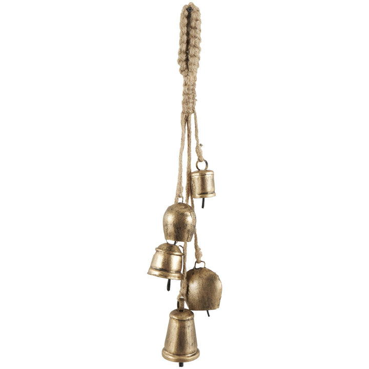 Deco 79 Gold Metal Tibetan Inspired String Hanging Decorative Bells with Jute Hanging Rope 4" x 8" x 52" - Cone 52" x 4" x 8"