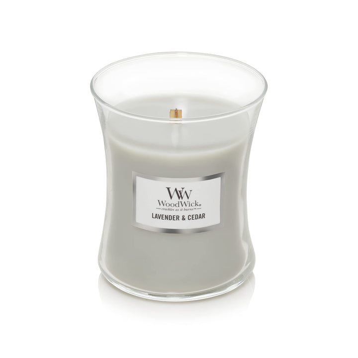 WoodWick Medium Hourglass Candle, Lavender/Cedar - Premium Soy Blend Wax & Medium Hourglass Candle, Warm Woods - Premium Soy Blend Wax, Pluswick Innovation Wood Wick