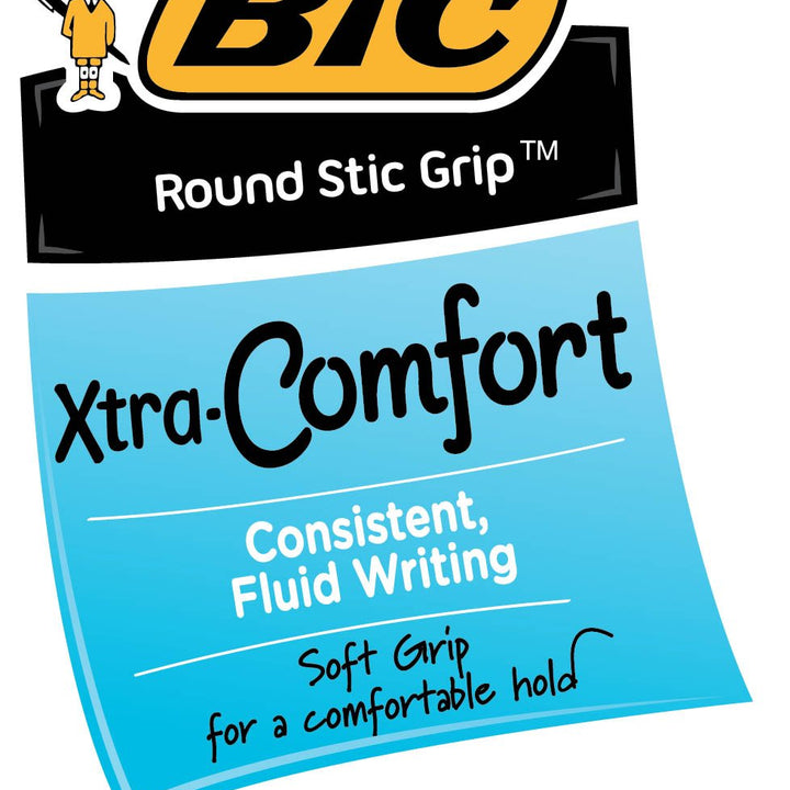 BIC Round Stic Grip Xtra Comfort Blue Ballpoint Pens, Medium Point (1.2mm), 12-Count Pack, Excellent Writing Pens With Soft Grip for Superb Comfort and Control 12 Count (Pack of 1)