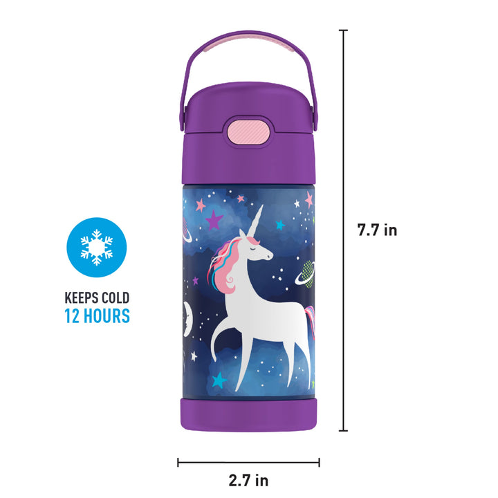 THERMOS FUNTAINER Water Bottle with Straw - 12 Ounce, Space Unicorn - Kids Stainless Steel Vacuum Insulated Water Bottle with Lid FUNTAINER 12 Ounce Bottle