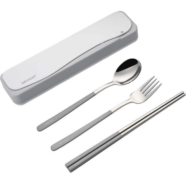 DEVICO Travel Utensils With Case, 18/8 Stainless Steel Camping Utensils, Reusable Portable Silverware Cutlery Set For Lunch Box, Include Fork Spoon Chopsticks Gray