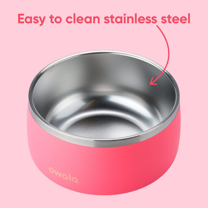 Owala Pet Bowl - Durable Stainless Steel, Food and Water Bowl for Dogs, Cats, and All Pets, Non-Slip Base, 48oz, Pink (Hyper Flamingo)
