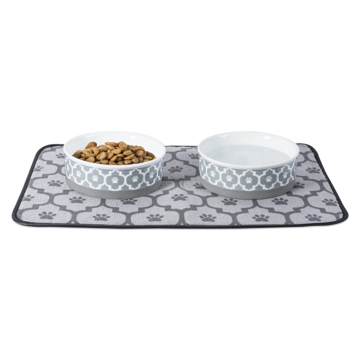 Bone Dry Lattice Pet Bowl, Removable Silicone Ring Creates Non-Slip Bottom for Secure Feeding & Less Mess, Microwave & Dishwasher Safe, Small Set, 4.25x2", Gray, 2 Count