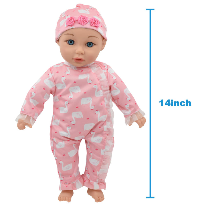 New Adventures Little Darlings: 14" Kiss N Tickles Baby Doll - Pink, White, Swan - Soft Body, Sounds, Light Up Cheek, Accessories, Toddler Kid Age 2+