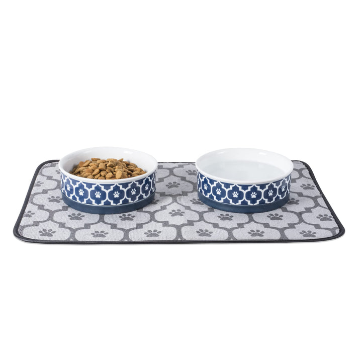 Bone Dry Lattice Pet Bowl, Removable Silicone Ring Creates Non-Slip Bottom for Secure Feeding & Less Mess, Microwave & Dishwasher Safe, Small Set, 4.25x2", Nautical Blue, 2 Count Small Round (2)