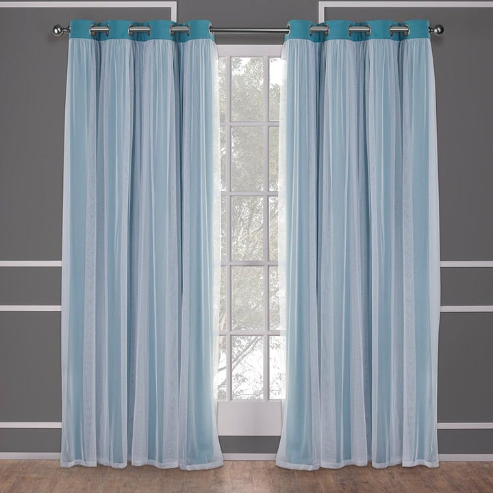 TOWN & COUNTRY LUXE Exclusive Home Catarina Layered Solid Room Darkening Blackout and Sheer Grommet Top Curtain Panel Pair, 52x108, Turquoise 2 Count 52"W x 108"L (Pack of 2)