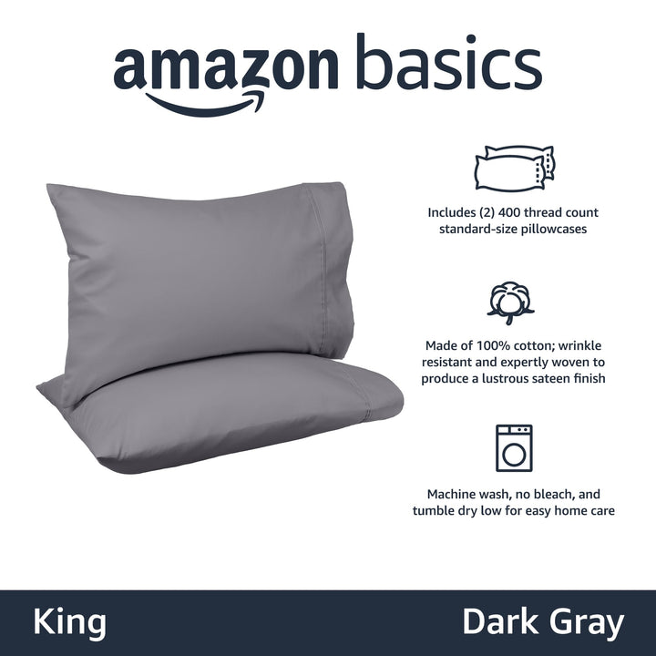 Amazon Basics 400 Thread Count Cotton Pillow Cases, King, Set of 2, Dark Gray, 40" L x 20" W, Pillows Not Included