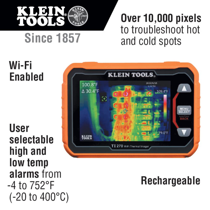 Klein Tools TI270 Rechargeable Thermal Imaging Camera, Over 10000 Pixels, Wi-Fi Data Transfer, 3 Palettes, High / Low Temperature Points Thermal Imager w/ WiFi