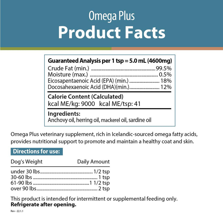 JustFoodForDogs Omega Plus Premium Fish Oil for Dogs Omega 3 Supplement, Liquid, 8 oz Clear