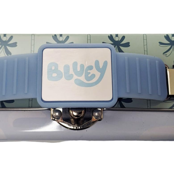 The Tin Box Company Bluey Pencil Box with Handle Clasp & Hinge, Model: 479407-12, Pencil Box with Handle, 8-3/8 x 3-3/8 x 2-1/4"D with hinge and clasp