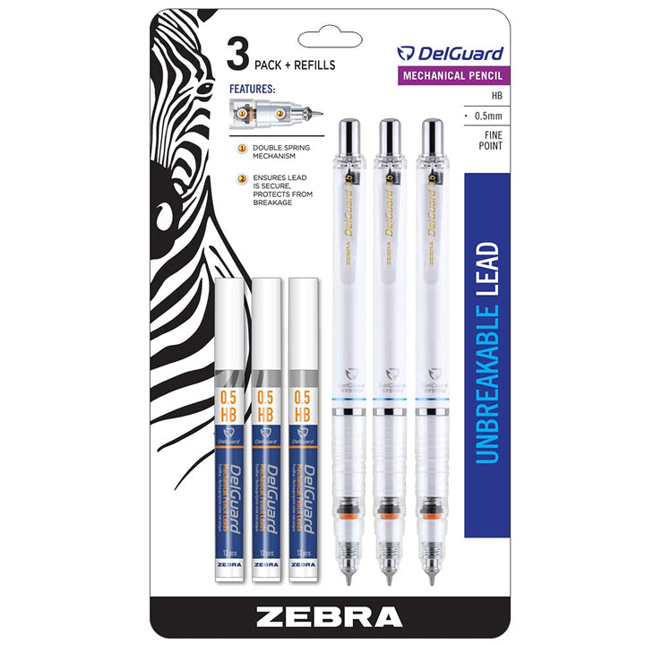 DelGuard Mechanical Pencil, Fine Point, 0.5mm, White Barrel, Lead Refills, Refillable, 3-Pack (58613) White/White/White