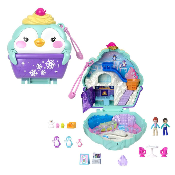 Polly Pocket Dolls & Playset, Snow Sweet Penguin Compact with 13 Accessories, Travel Toy with Fidget Exterior