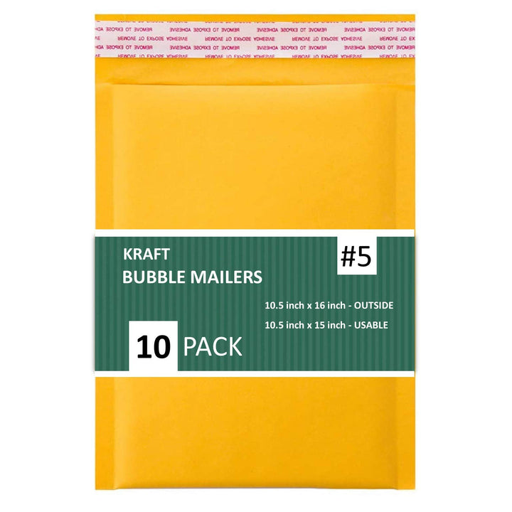 #5 Kraft Bubble Mailers 10.5x16 Inches Shipping Padded Envelopes Self Seal Waterproof Cushioned Mailer 10 Pack, Gold (KBMVR_10.5X16-10) #5 10.5X16