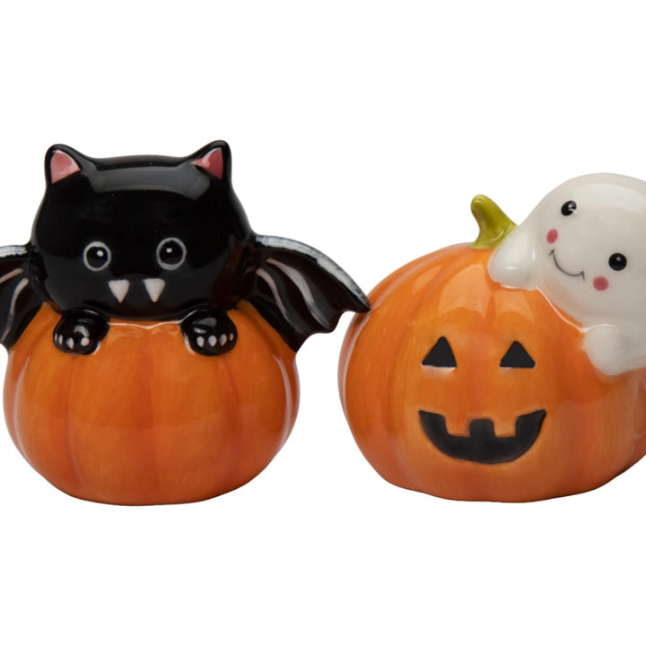 21058 Fine Ceramic Halloween Casper & Bat Dracula on Pumpkin Salt & Pepper Shakers Set, 3-1/8" L