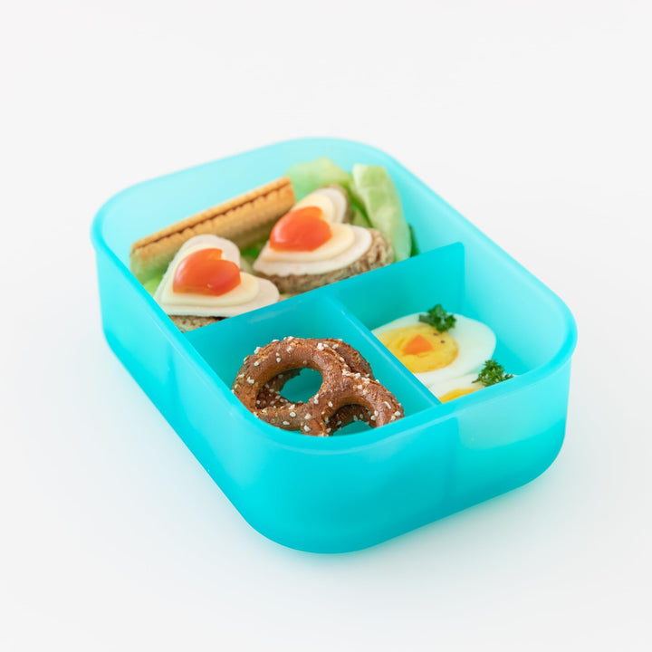 Bumkins Snack/Lunch Bento Box for Kids and Adults, 3 Compartment Container, Leak Proof Lid, for Portioning, Large Section Can Hold Sandwich, Food-Safe LFGB Platinum Silicone, Microwave-Safe, Blue Blue Jelly