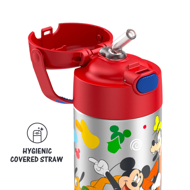 THERMOS FUNTAINER 12 Ounce Stainless Steel Vacuum Insulated Kids Straw Bottle, Mickey Mouse