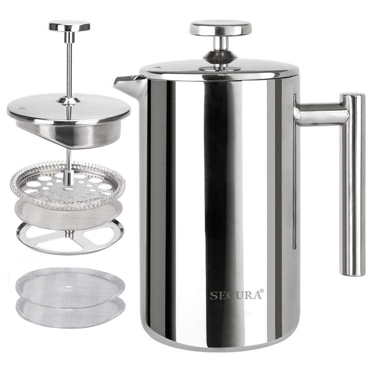 Secura French Press Coffee Maker, 304 Grade Stainless Steel Insulated Coffee Press with 2 Extra Screens, 34oz (1 Litre), Coffee 34 oz