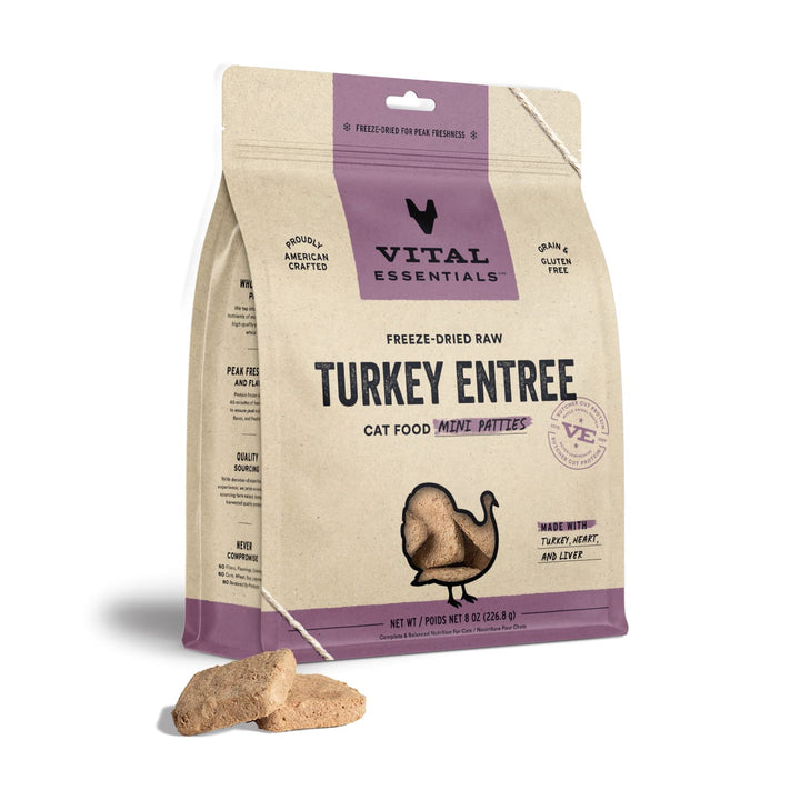 Vital Essentials Freeze Dried Raw Cat Food, Turkey Mini Patties Entree, 8 oz