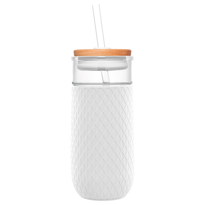 Ello Devon Glass Tumbler with Splash Proof Wooden Lid and Straw, Protective No Sweat Silicone Sleeve, Perfect for Smoothies and Iced Coffee, BPA Free, Dishwasher Safe, White, 18oz