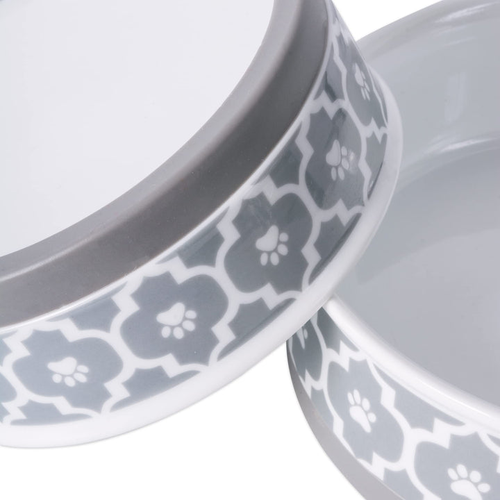 Bone Dry Lattice Pet Bowl, Removable Silicone Ring Creates Non-Slip Bottom for Secure Feeding & Less Mess, Microwave & Dishwasher Safe, Small Set, 4.25x2", Gray, 2 Count