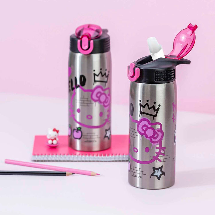 Zak Designs Sanrio Water Bottle for Travel and At Home, 19 oz Vacuum Insulated Stainless Steel with Locking Spout Cover, Built-In Carrying Loop, Leak-Proof Design (Hello Kitty) Hello Kitty