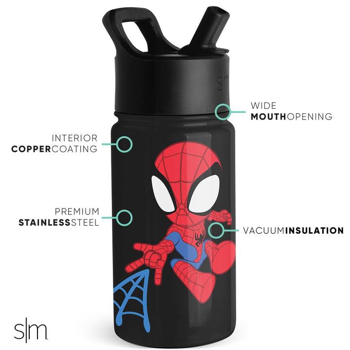 Simple Modern Spiderman Kids Water Bottle with Straw Lid | Marvel Insulated Stainless Steel Reusable Tumbler Gifts for School, Toddlers, Boys | Summit Collection | 14oz, Spidey Kid