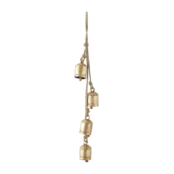 Deco 79 Gold Metal Tibetan Inspired String Hanging Decorative Bells with Jute Hanging Rope 4" x 8" x 52" - Cone 52" x 4" x 8"