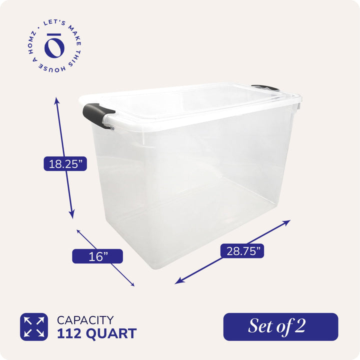 HOMZ 2 Pack Large Clear Plastic Storage Bins with Latching Lids, 112 Quart, Gray 112 QT (2 Pack)