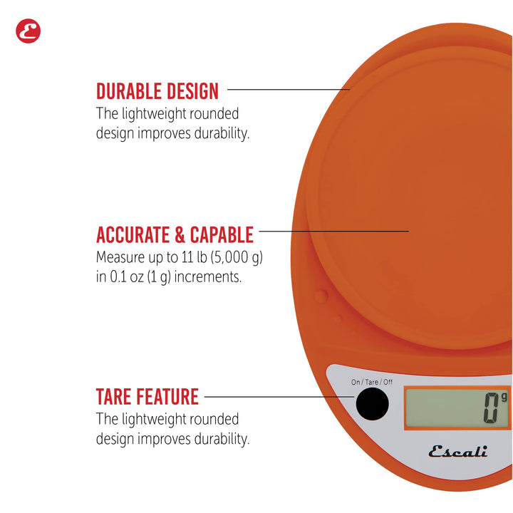 Escali Primo Digital Food Scale Multi-Functional Kitchen Scale and Baking Scale for Precise Weight Measuring and Portion Control, 8.5 x 6 x 1.5 inches, Pumpkin Orange