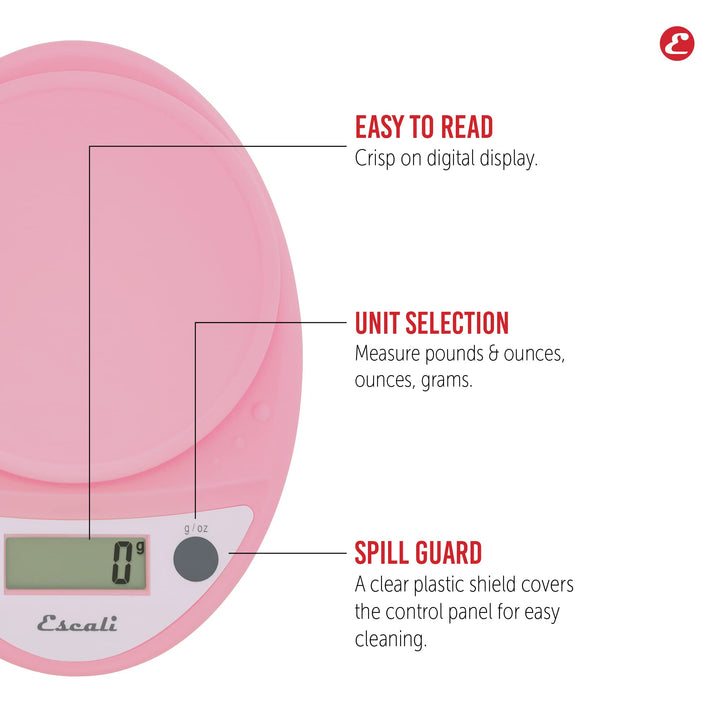 Escali Primo Digital Food Scale Multi-Functional Kitchen Scale and Baking Scale for Precise Weight Measuring and Portion Control, 8.5 x 6 x 1.5 inches, Soft Pink