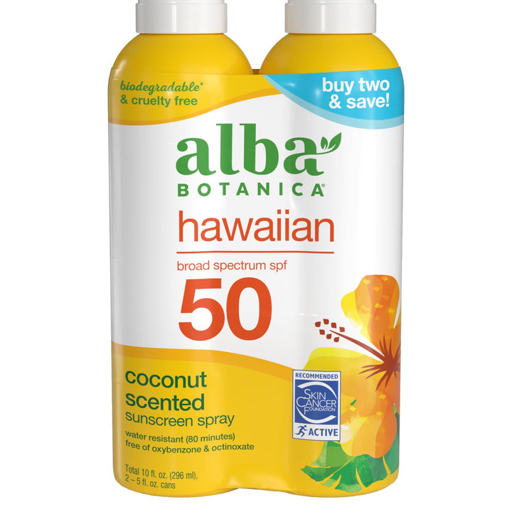 Alba Botanica Hawaiian Coconut Sunscreen, Spray Broad Spectrum SPF 50 Sunscreen, Water Resistant and Biodegradable 5 fl oz Bottle (Pack of 2) 5 Fl Oz (Pack of 2)