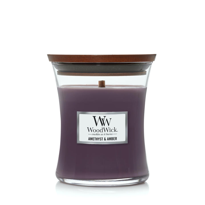 WoodWick Medium Hourglass Candle, Amethyst/Amber - Premium Soy Blend Wax, Pluswick Innovation Wood Wick, Made in USA