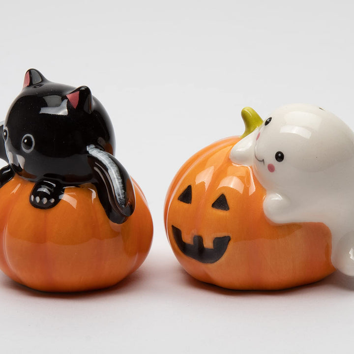 21058 Fine Ceramic Halloween Casper & Bat Dracula on Pumpkin Salt & Pepper Shakers Set, 3-1/8" L