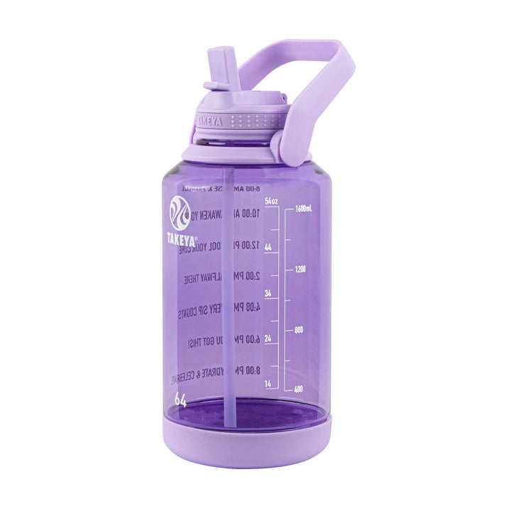 Takeya 64 oz Motivational Water Bottle Bundle with Straw Lid, Half Gallon, BPA Free Tritan Plastic, Stormy Black and Vivacity Purple