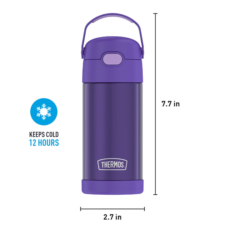 THERMOS FUNTAINER Water Bottle with Straw - 12 Ounce, Violet - Kids Stainless Steel Vacuum Insulated Water Bottle with Lid FUNTAINER 12 Ounce Bottle