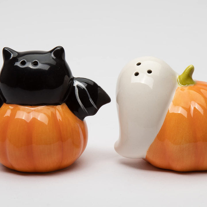 21058 Fine Ceramic Halloween Casper & Bat Dracula on Pumpkin Salt & Pepper Shakers Set, 3-1/8" L