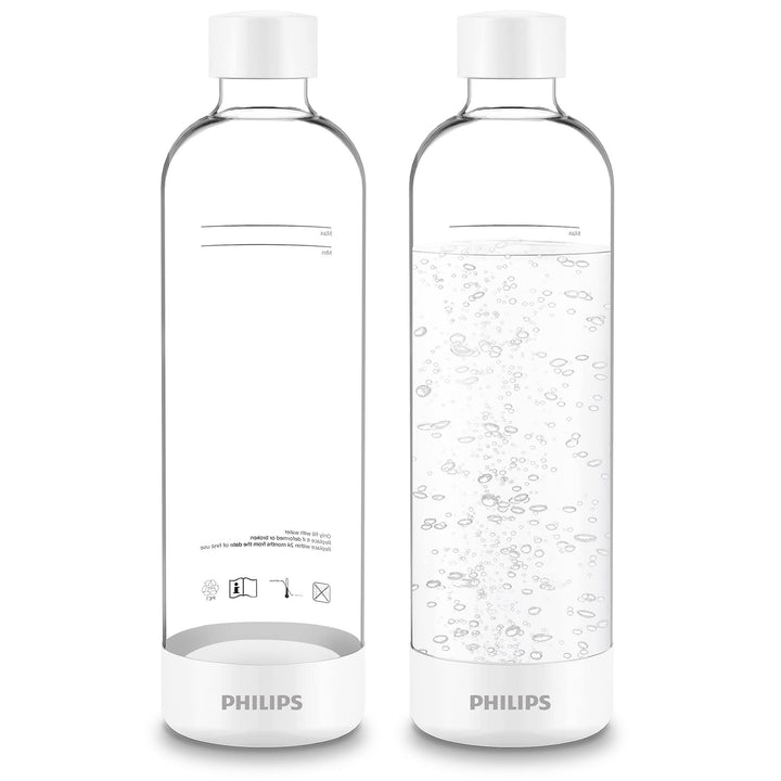 PHILIPS Carbonating Bottles, 1L Twin Pack Reusable PET Sparkling Water Bottles Compatible Sparkling Water Maker, 2 Pack, White Twin Pack Bottles White