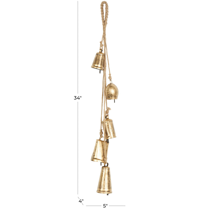 Deco 79 Gold Metal Tibetan Inspired String Hanging Decorative Bells with Jute Hanging Rope 4" x 8" x 52" - Cone 52" x 4" x 8"