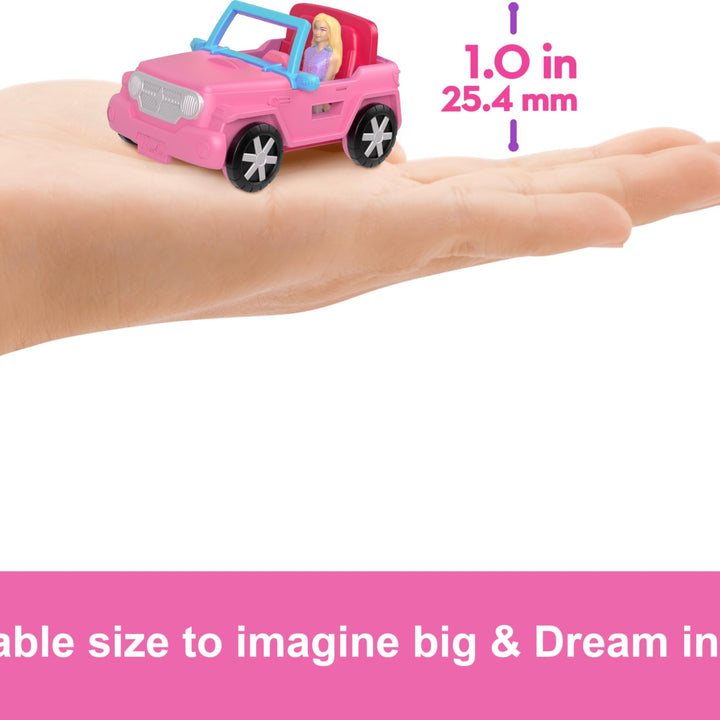 Barbie Mini BarbieLand Doll & Toy Vehicle Sets, 1.5-inch Doll & SUV with Color-Change Surprise & Tent Accessory Jeep