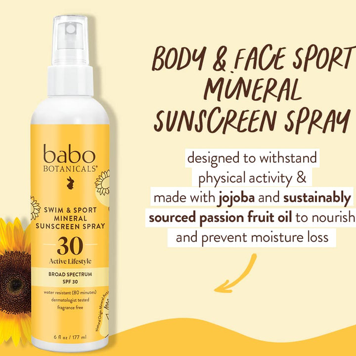 Babo Botanicals Swim & Sport Mineral Sunscreen Spray SPF 30 - Natural Zinc Oxide - Face & Body - For all ages - Dermatologist Tested - Cruelty-Free - Fragrance-Free - Water Resistant