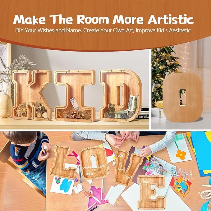 Wooden Personalized Piggy Bank, A-Z Alphabet Letter Piggy Bank for Kids Boys Girls, Piggy Bank Toy, Coin Bank Money Box, DIY Name Birthday Room Decoration（H） H