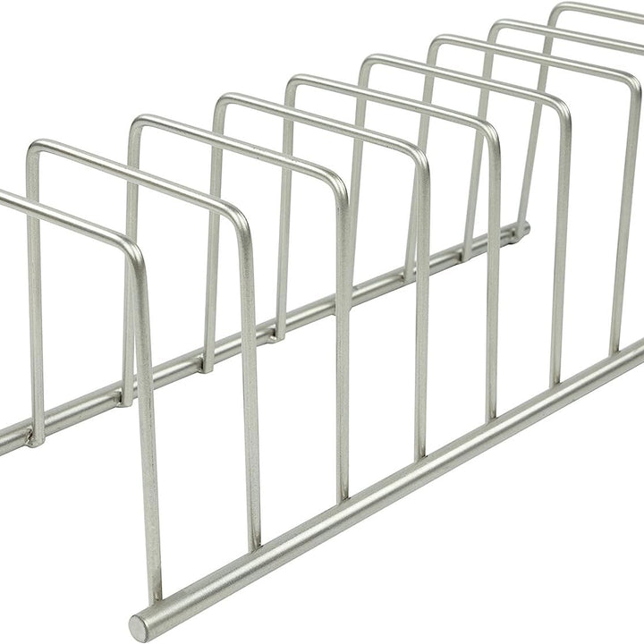 Spectrum Diversified Euro Kitchen Organizer for Plates, Cutting Boards, Bakeware Cooling Racks, Pots & Pans, Serving Trays, Reusable Containers, and Lids, Satin Nickel 13.5" x 4.5" x 4.25"