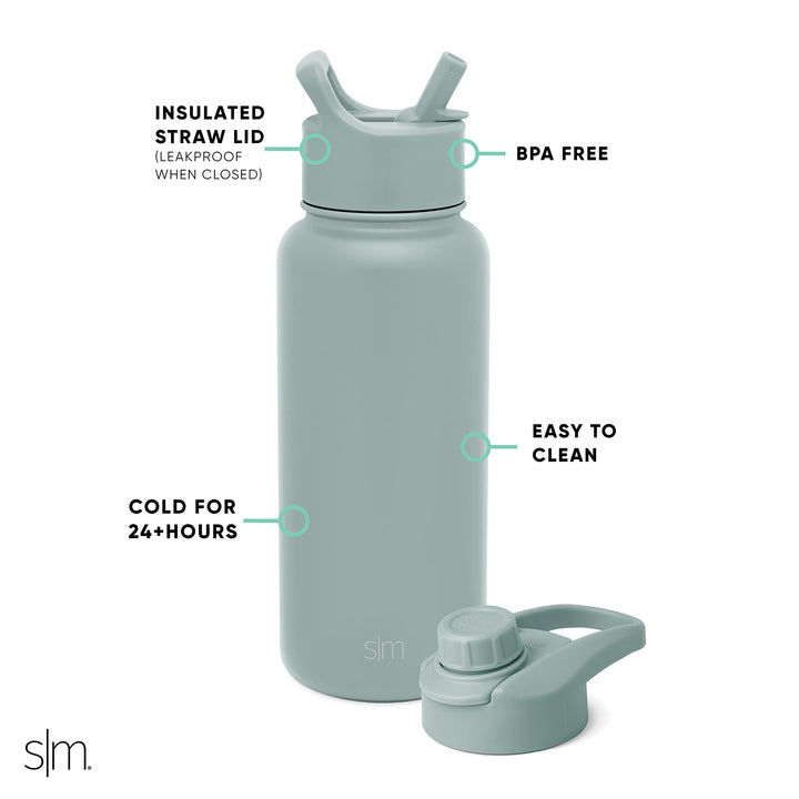 Simple Modern Water Bottle with Straw and Chug Lid Vacuum Insulated Stainless Steel Metal Thermos | Reusable Leak Proof BPA-Free Flask for Sports Gym | Summit Collection | 32oz, Sea Glass Sage -Sea Glass Sage 32oz (2 Lids)