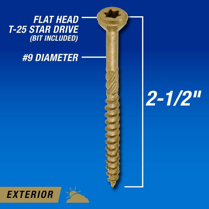 967777 Wood Screws, #9 x 2-1/2", Premium Outdoor Deck Screws, Rust Resistant, Epoxy Coated Bronze, 2500pcs Box 2500 Pieces (Box)