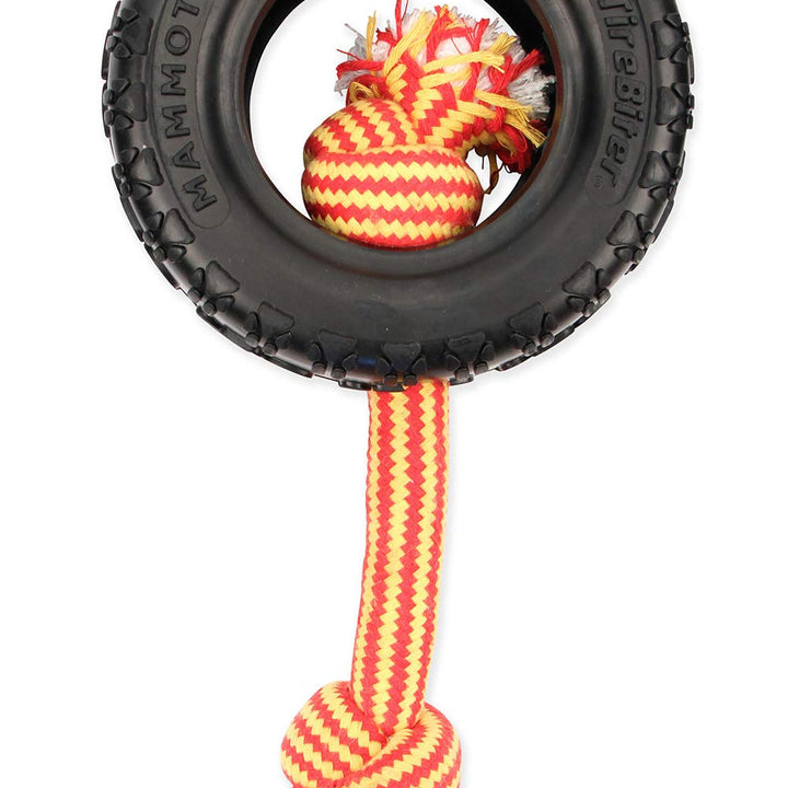 Mammoth TireBiterII with Cotton-Poly Rope – Natural Rubber Dog Toys for Extreme Chewers – Dog Toys for Extra Long Interactive Play – Aggressive Chewer Toys for Medium - Large Dogs - Large 6” Large 6" Tire w/Cotton-Poly Rope